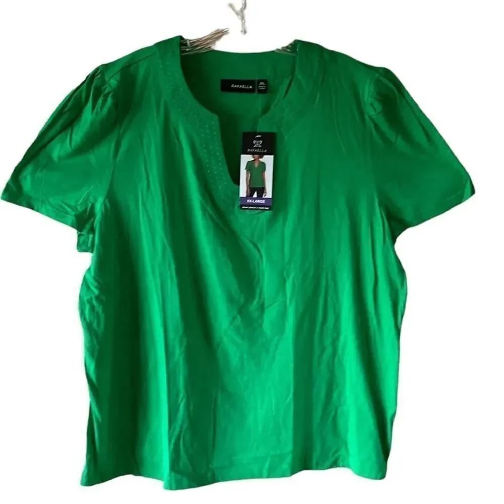 NEW Rafaella Short Sleeve Green V Neck Top - Picture 2 of 6